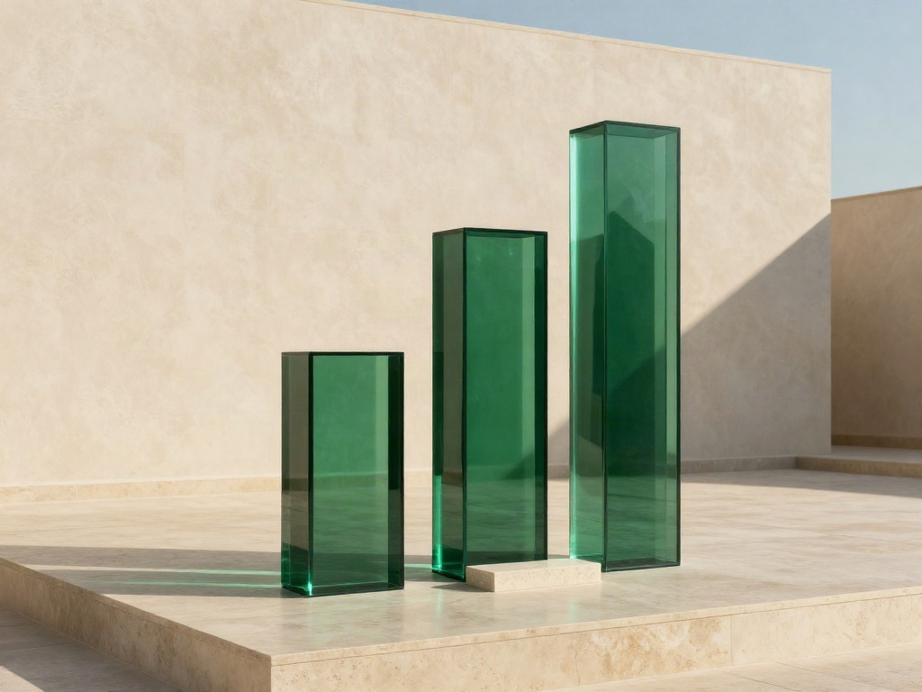 Three ascending forest-green glass pillars in warm sunlight, representing clarity and business growth